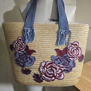 Embroidered Straw Tote with Denim Accents